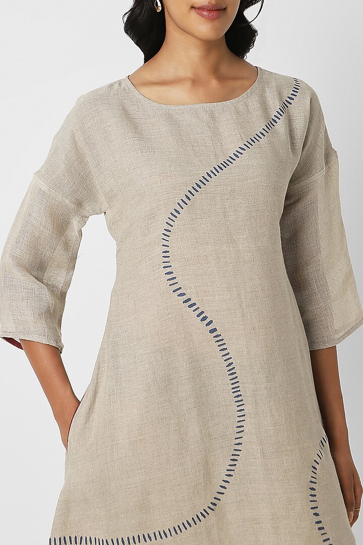Beige Line Hand Screen Printed Wiggle Summer Dress by Kaveri at Pernia's Pop Up Shop