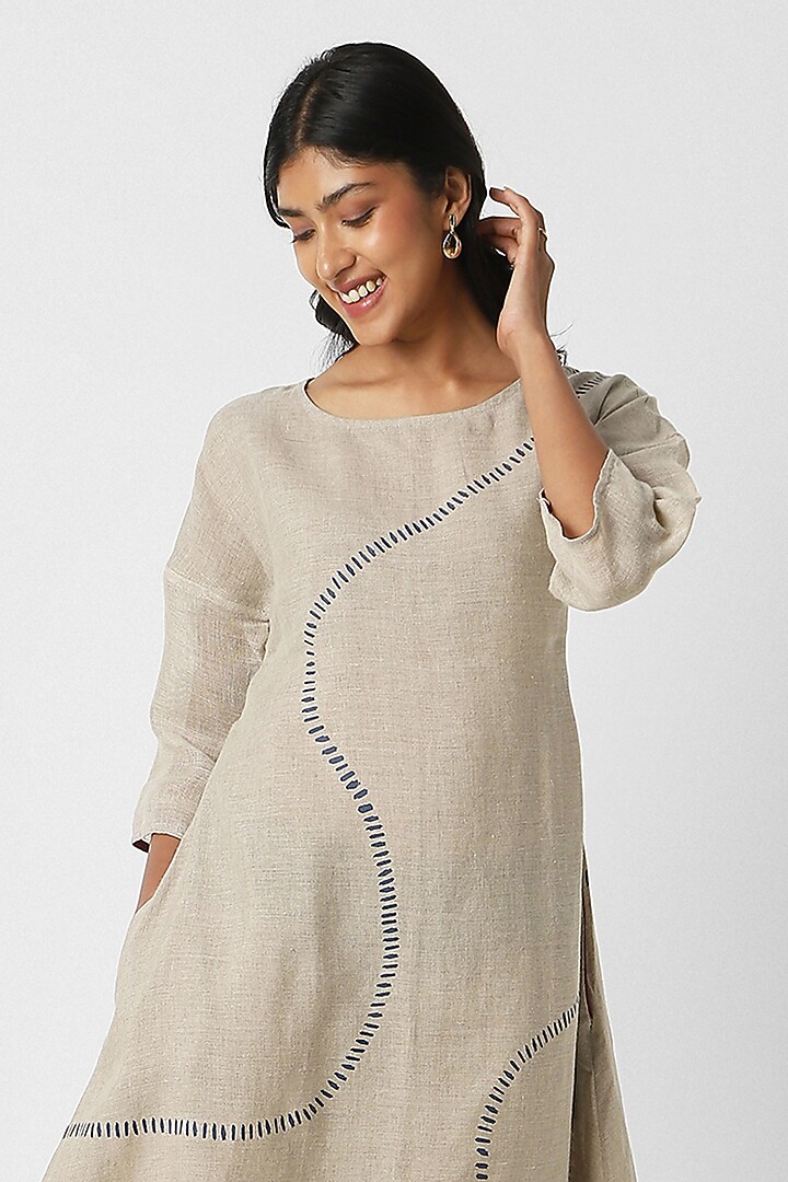 Beige Line Hand Screen Printed Wiggle Summer Dress by Kaveri at Pernia's Pop Up Shop