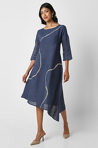 Navy Blue Line Hand Screen Printed Wiggle Dress by Kaveri