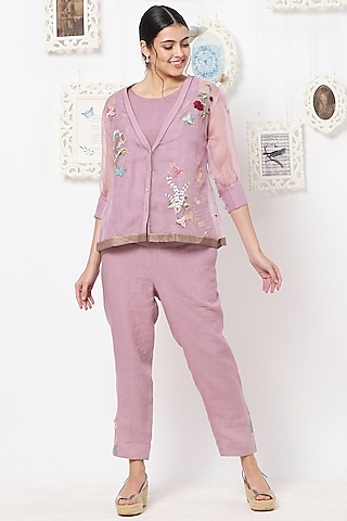 Lilac Embroidered Pants by Kaveri