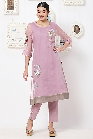Lilac Floral Embroidered Pants by Kaveri