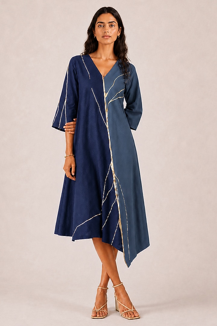 Nile & Navy Linen Colour Blocked Midi Summer Dress by Kaveri at Pernia's Pop Up Shop
