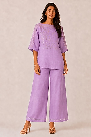 Lavender Linen Blend Stud Embellished Co-Ord Set by kaveri