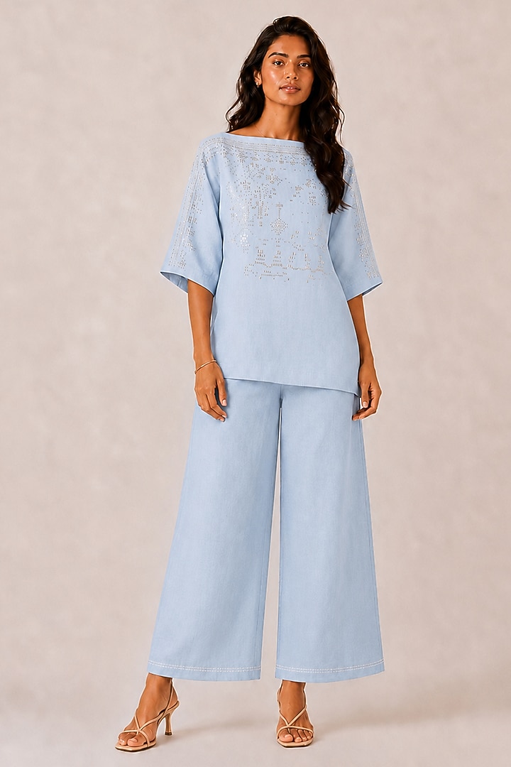 Turquoise Linen Blend Stud Embellished Co-Ord Set by Kaveri at Pernia's Pop Up Shop