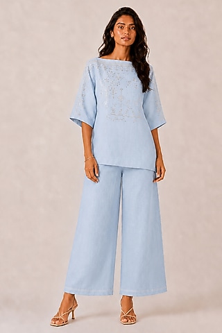Turquoise Linen Blend Stud Embellished Co-Ord Set by kaveri