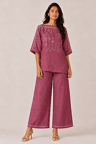 Jam Pink Linen Blend Metallic Studded Co-ord Set by kaveri