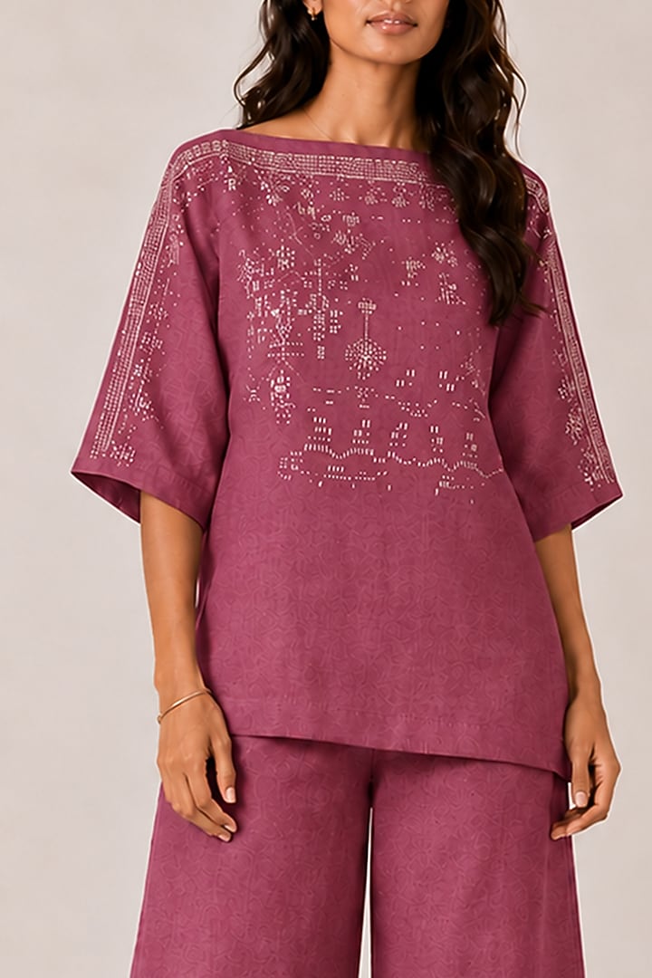Jam Pink Linen Blend Metallic Studded Co-ord Set by Kaveri at Pernia's Pop Up Shop