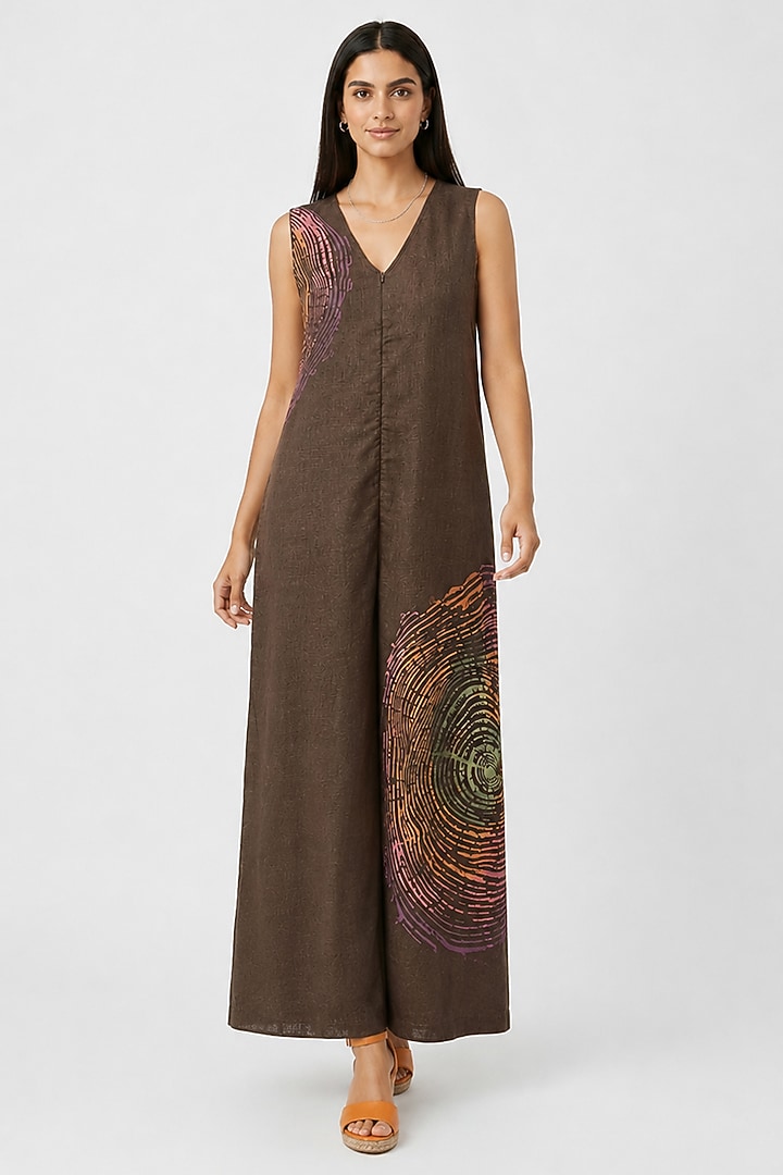 Chocolate Linen Blend Printed Jumpsuit by Kaveri at Pernia's Pop Up Shop