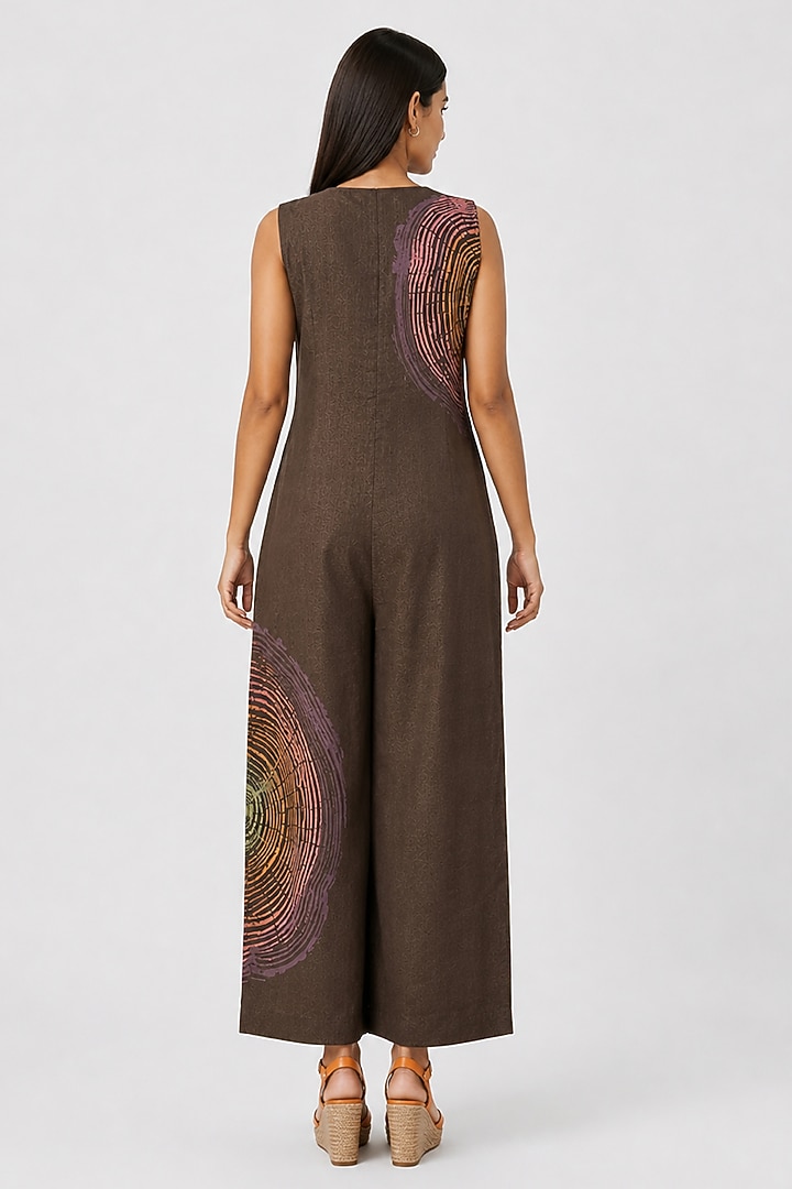 Chocolate Linen Blend Printed Jumpsuit by Kaveri at Pernia's Pop Up Shop