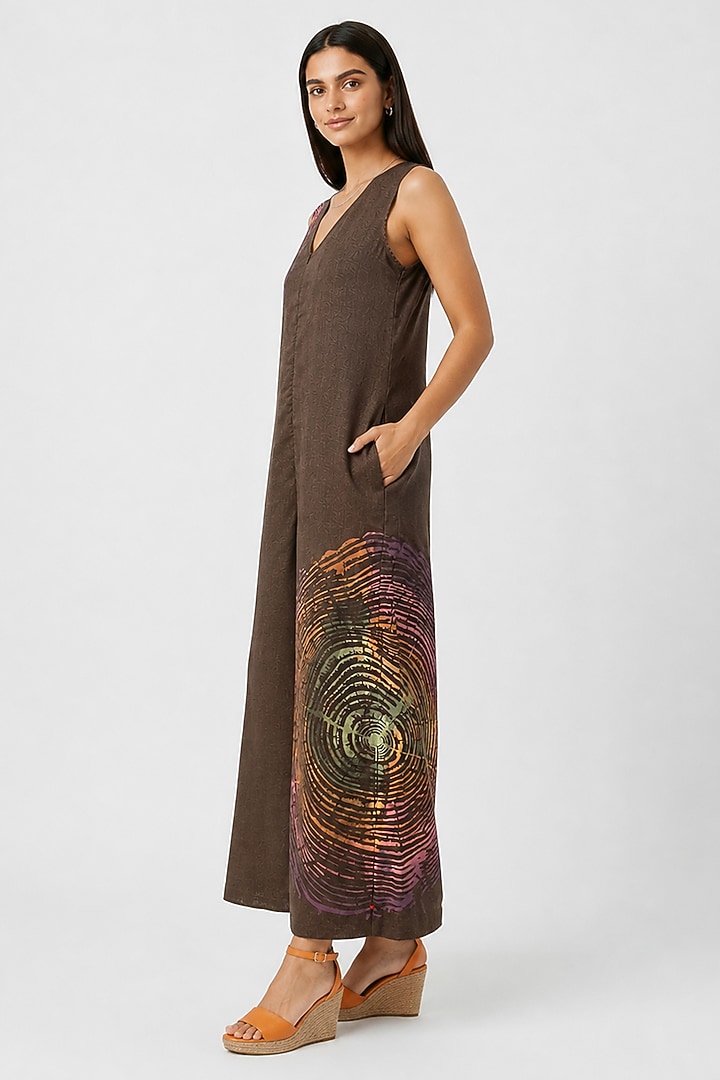 Chocolate Linen Blend Printed Jumpsuit by Kaveri at Pernia's Pop Up Shop