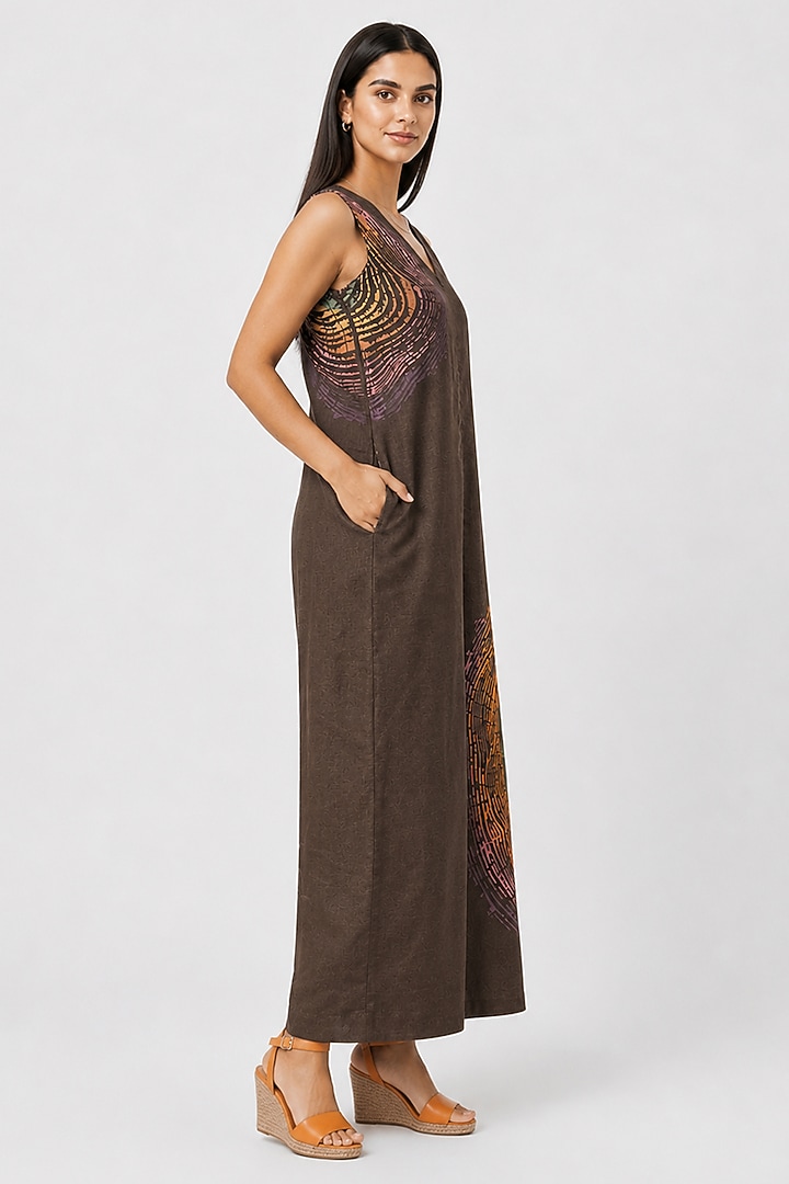 Chocolate Linen Blend Printed Jumpsuit by Kaveri at Pernia's Pop Up Shop