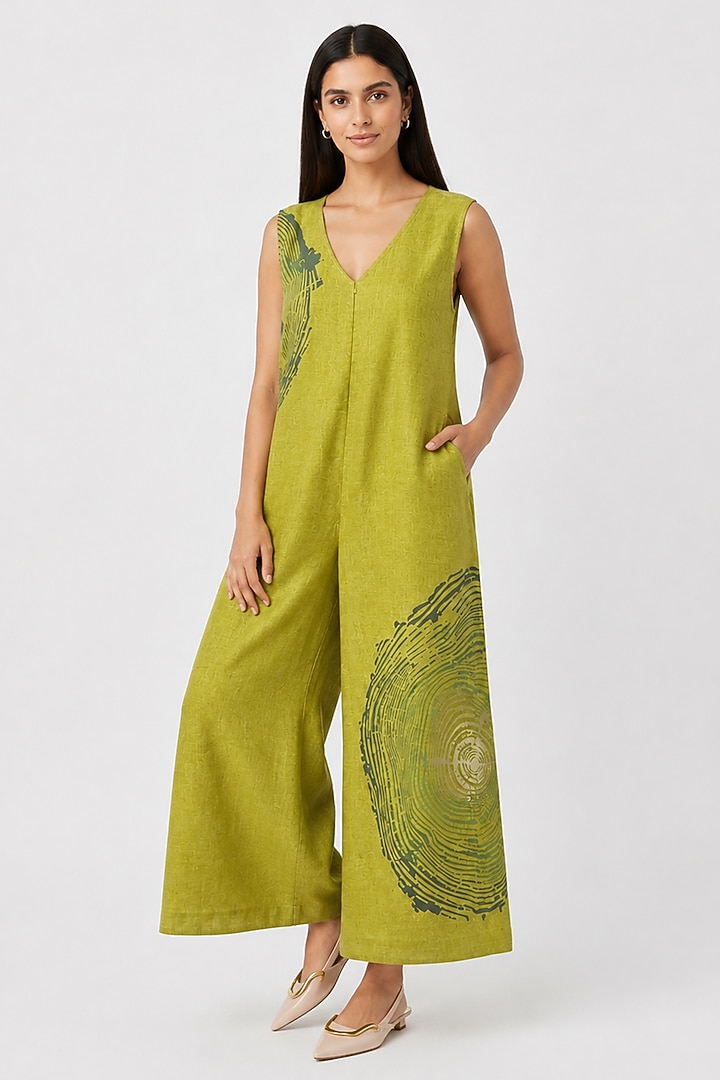 Pear Green Linen Blend Printed Jumpsuit by Kaveri at Pernia's Pop Up Shop