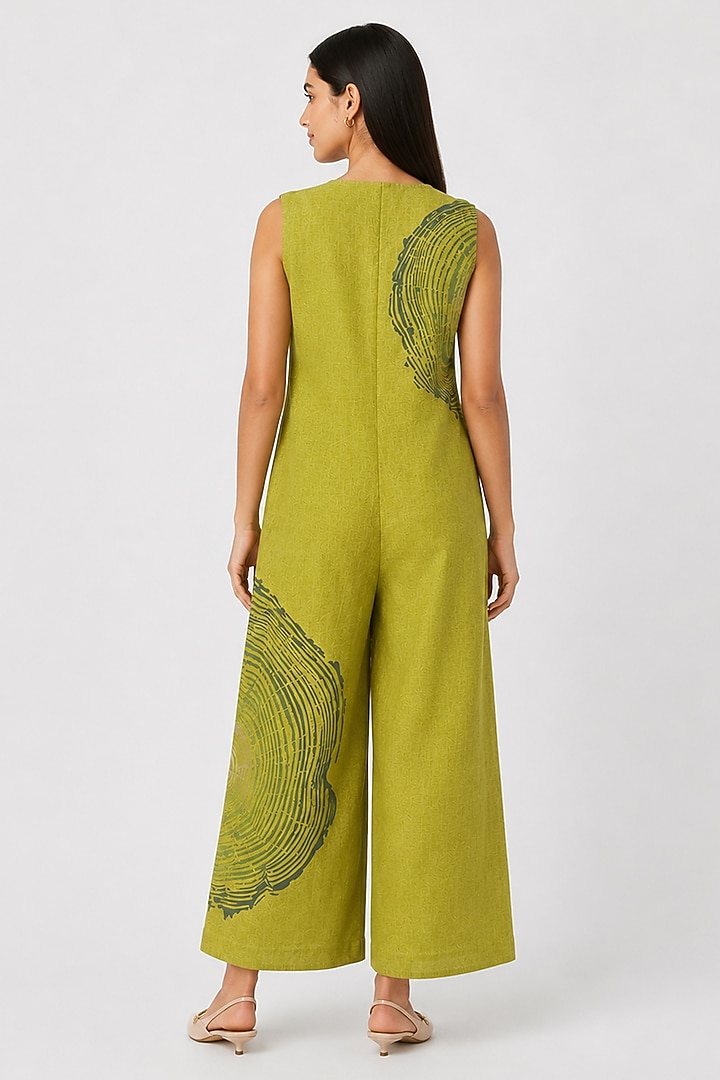 Pear Green Linen Blend Printed Jumpsuit by Kaveri at Pernia's Pop Up Shop