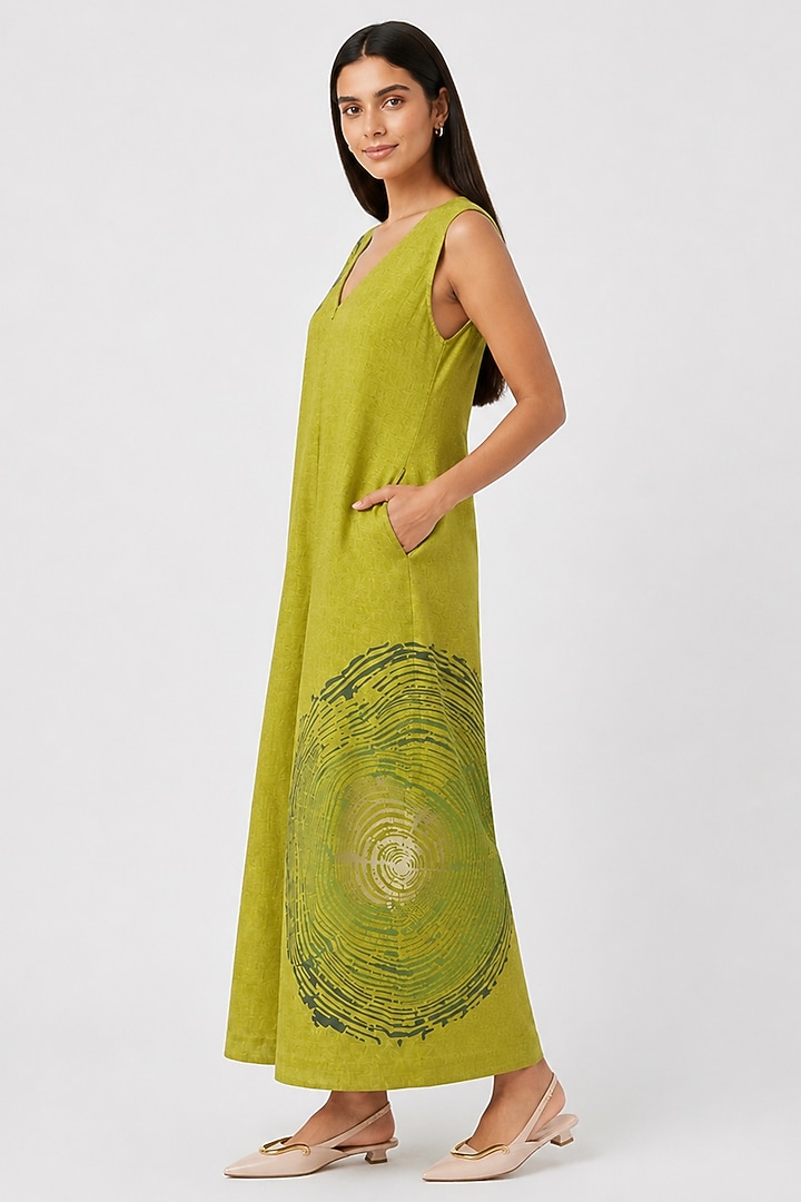 Pear Green Linen Blend Printed Jumpsuit by Kaveri at Pernia's Pop Up Shop