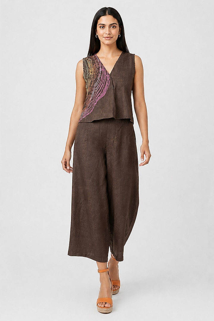 Chocolate Linen Blend Printed Co-ord Set by Kaveri at Pernia's Pop Up Shop