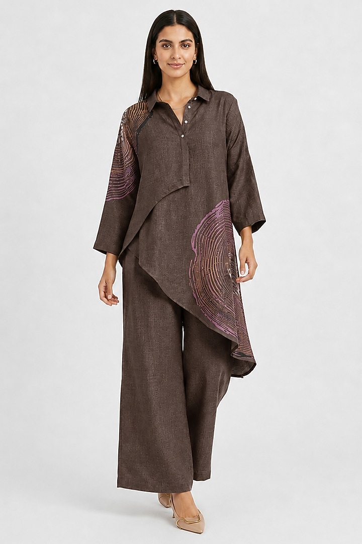 Chocolate Linen Blend Printed Co-ord Set by Kaveri at Pernia's Pop Up Shop
