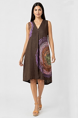 Chocolate Linen Blend Printed Knee-Length Dress by kaveri