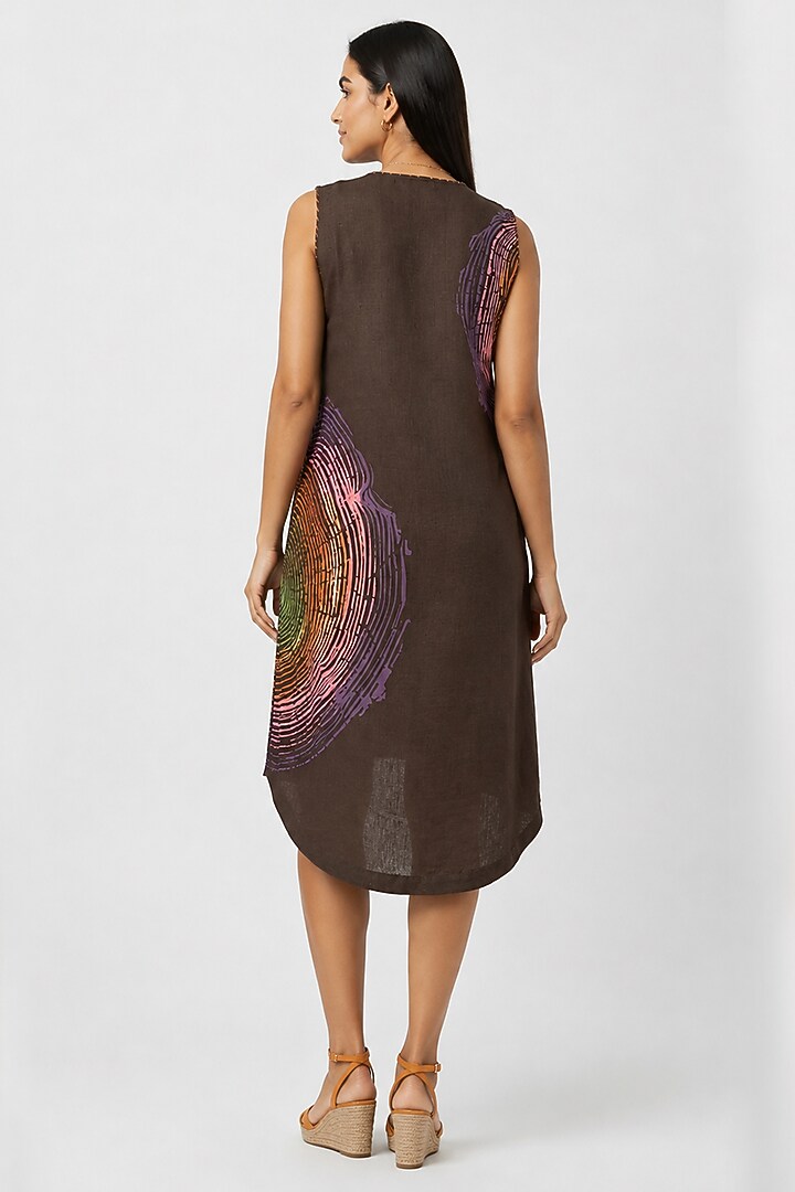 Chocolate Linen Blend Printed Knee-Length Summer Dress by Kaveri at Pernia's Pop Up Shop