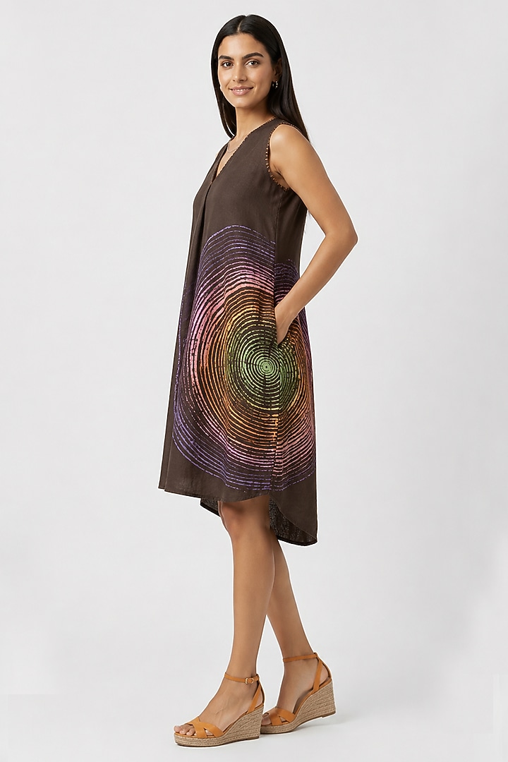 Chocolate Linen Blend Printed Knee-Length Summer Dress by Kaveri at Pernia's Pop Up Shop