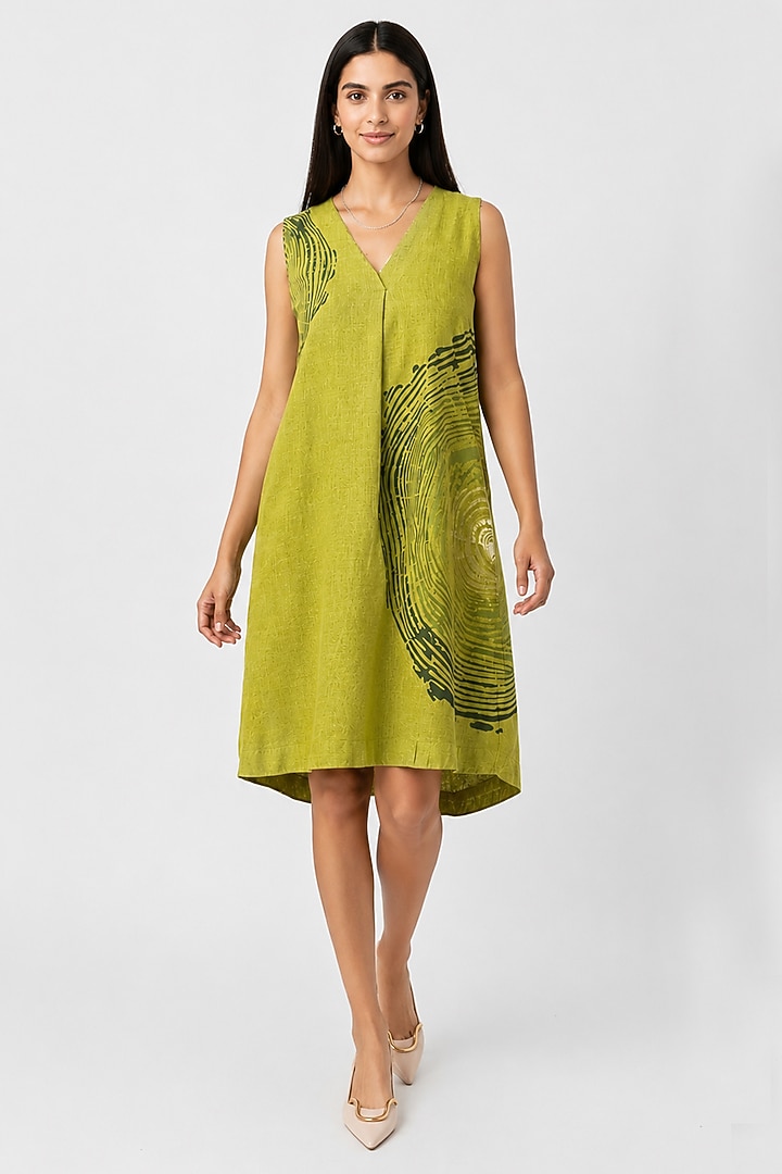 Pear Green Linen Blend Printed Knee-Length Summer Dress by Kaveri at Pernia's Pop Up Shop