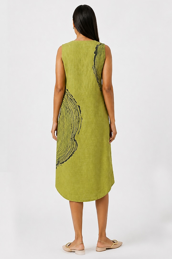 Pear Green Linen Blend Printed Knee-Length Summer Dress by Kaveri at Pernia's Pop Up Shop