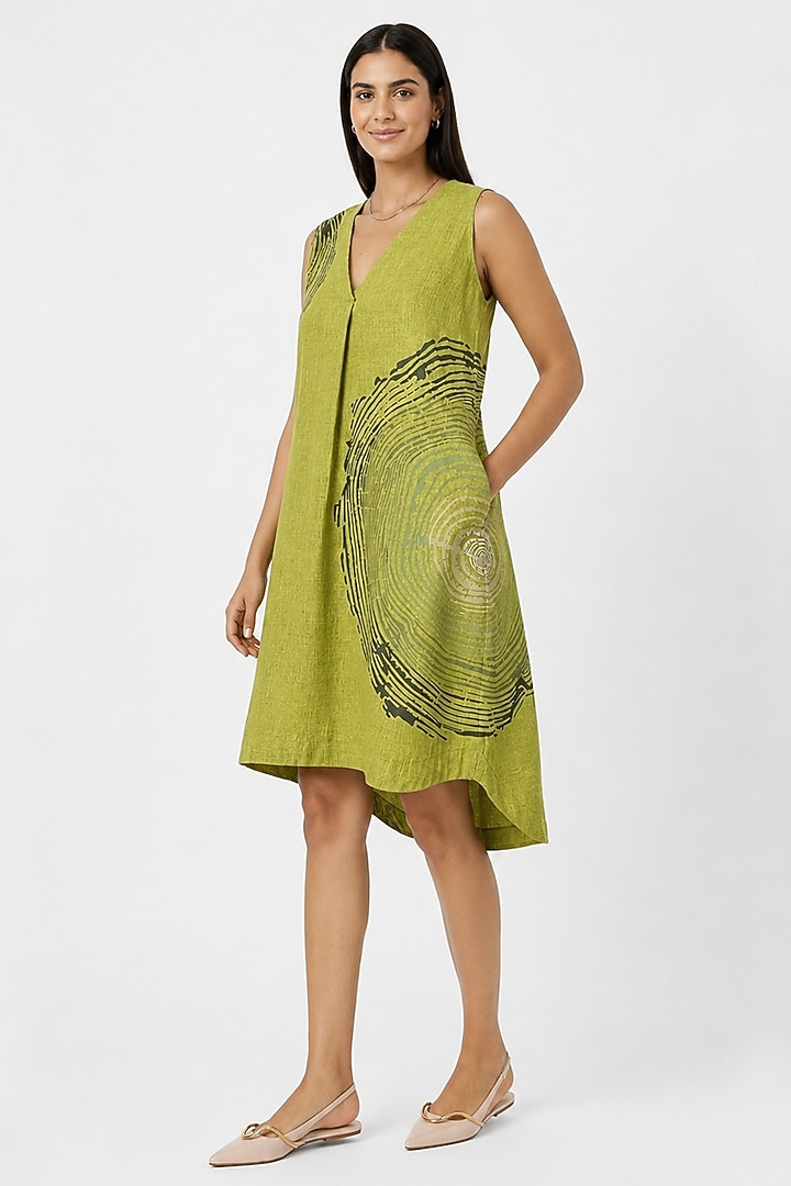 Pear Green Linen Blend Printed Knee-Length Summer Dress by Kaveri at Pernia's Pop Up Shop