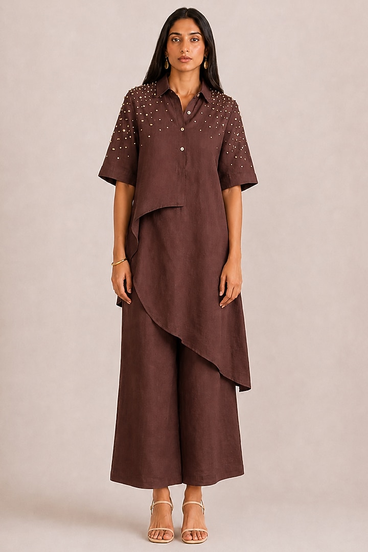 Chocolate Brown Linen Rhinestone Co-ord Set by Kaveri at Pernia's Pop Up Shop