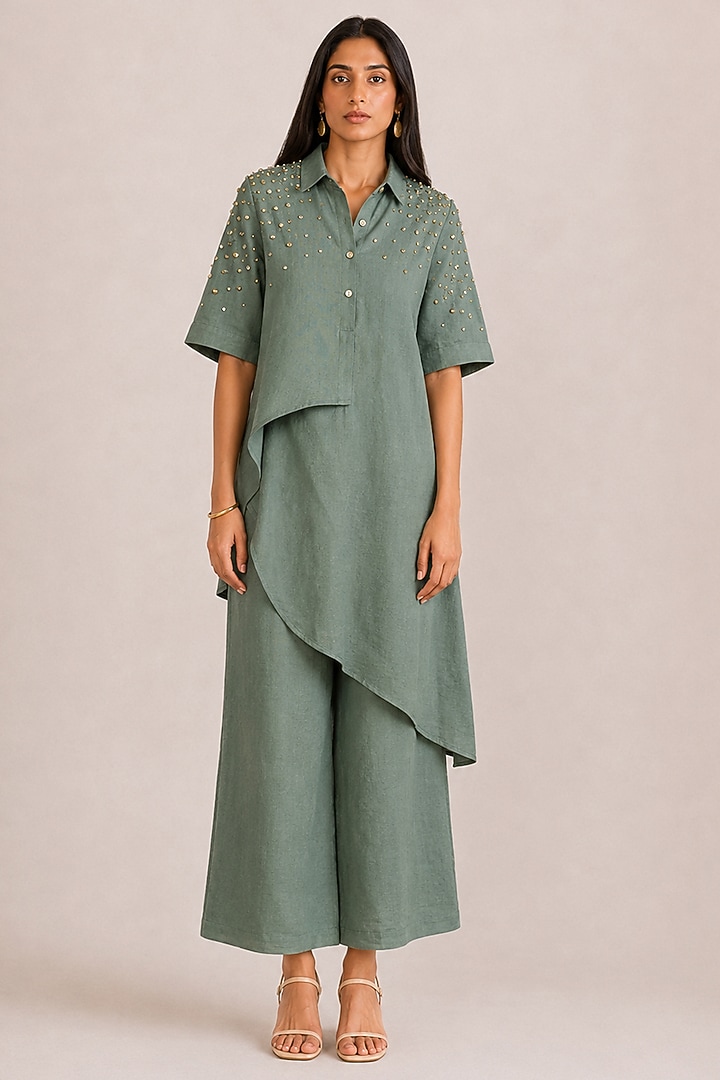 Jade-Colored Linen Rhinestone Co-ord Set by Kaveri at Pernia's Pop Up Shop