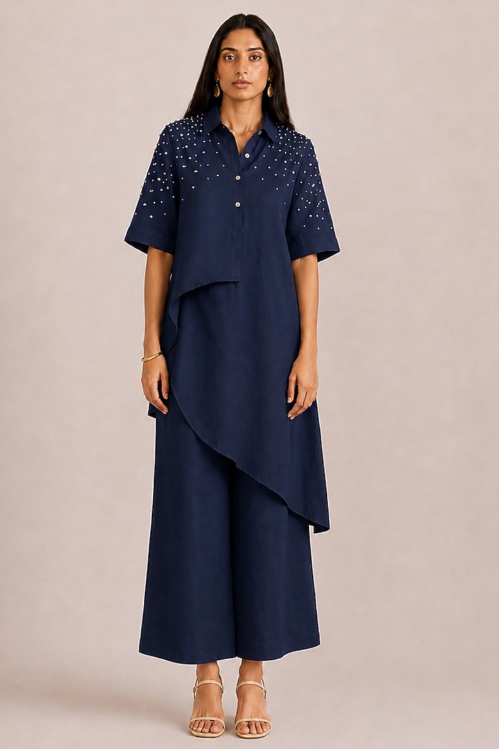 Navy Blue Linen Rhinestone Co-ord Set by Kaveri at Pernia's Pop Up Shop