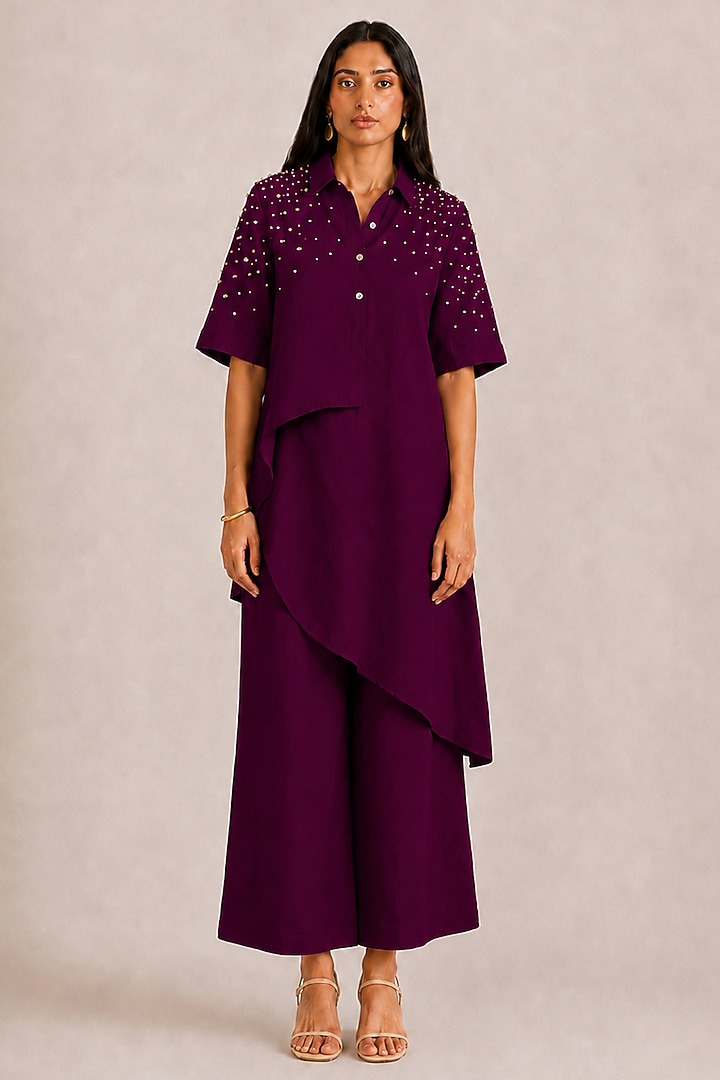Plum Linen Rhinestone Co-ord Set by Kaveri at Pernia's Pop Up Shop