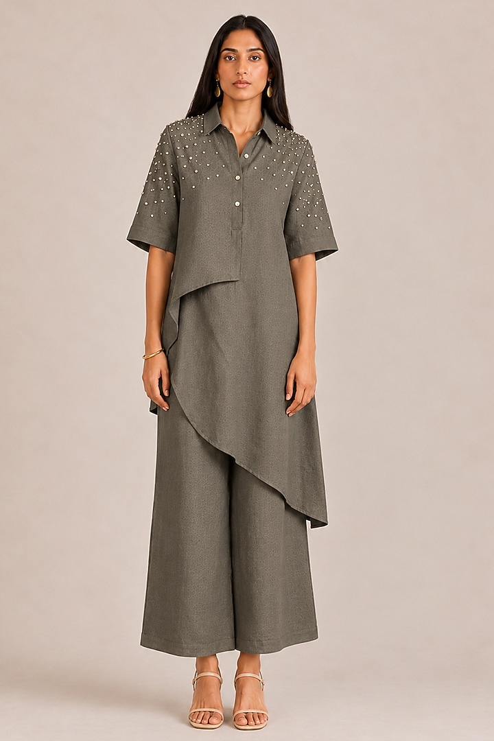Dark Cement Grey Linen Rhinestone Co-ord Set by Kaveri at Pernia's Pop Up Shop