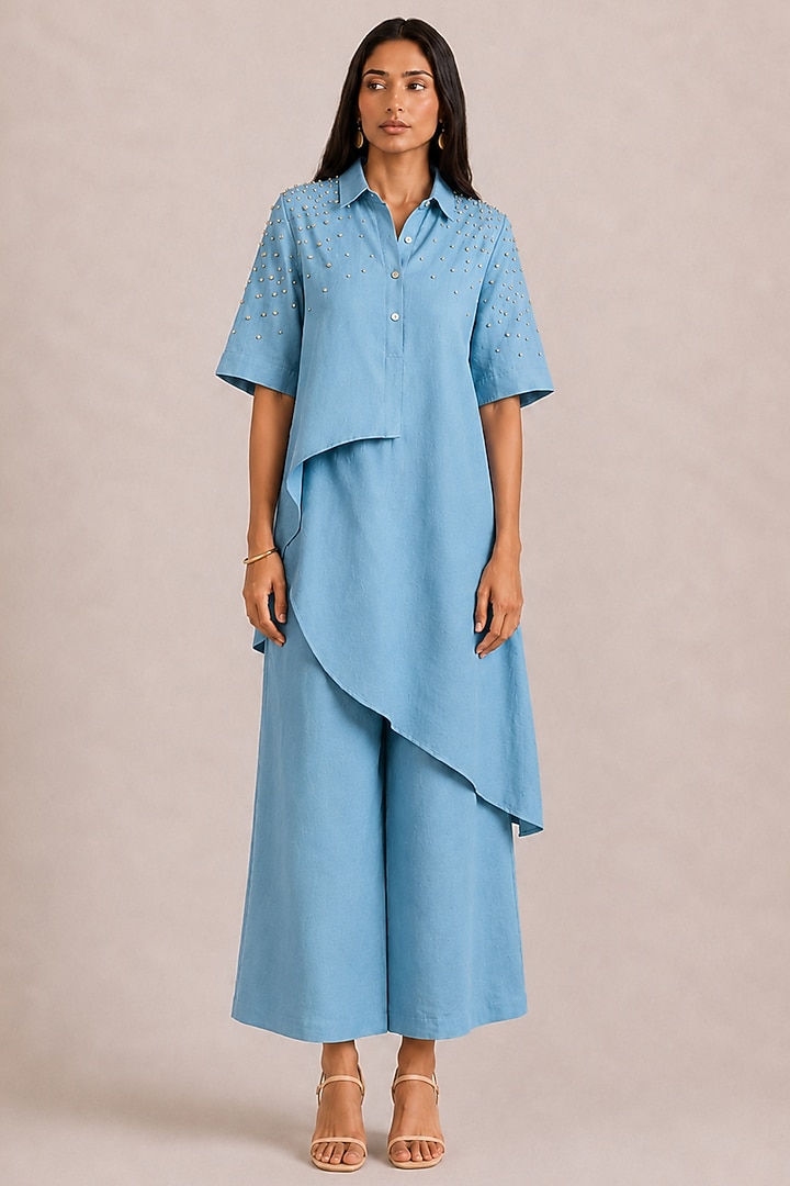 Lake Blue Linen Rhinestone Co-ord Set by Kaveri at Pernia's Pop Up Shop