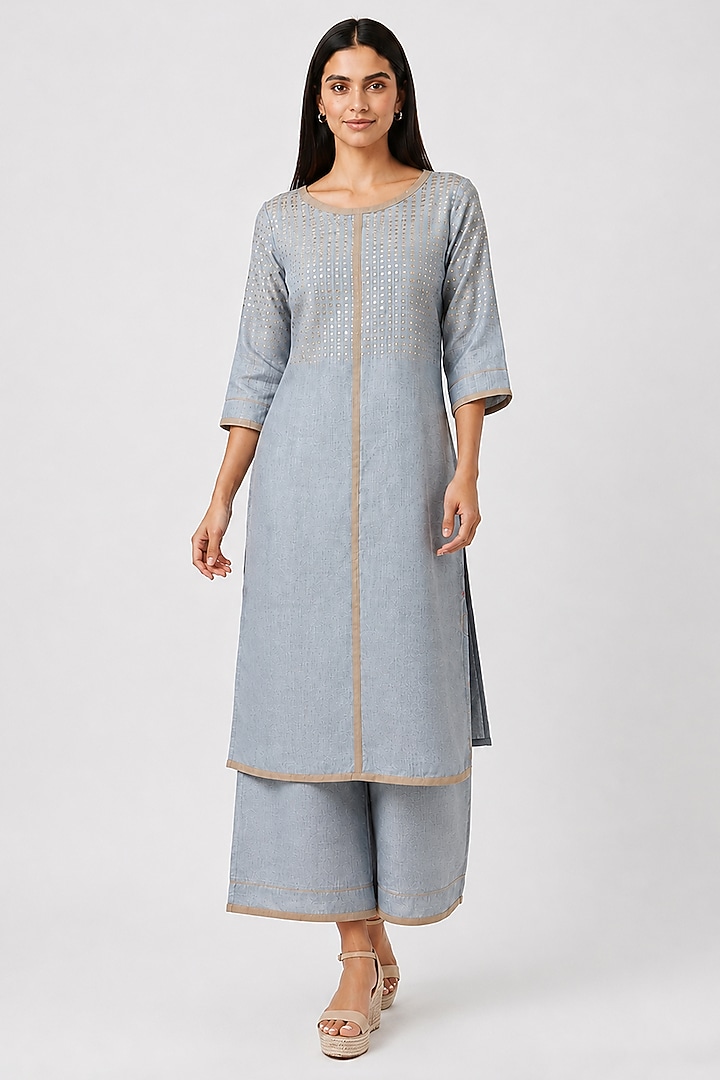 Periwinkle-Colored Linen Blend Kurta Set by Kaveri at Pernia's Pop Up Shop
