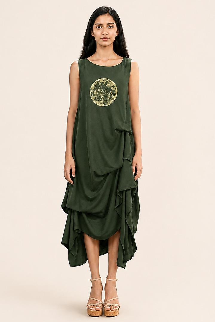 Wasabi Green Linen Draped Midi Summer Dress by Kaveri at Pernia's Pop Up Shop