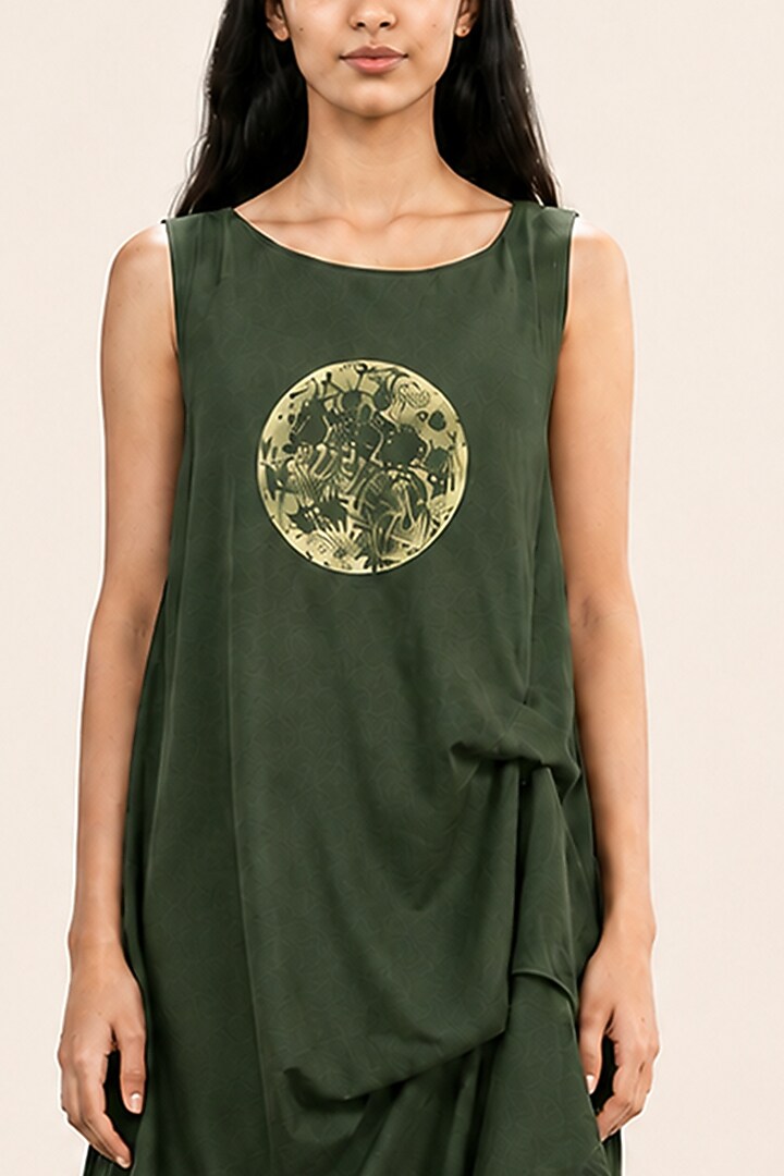 Wasabi Green Linen Draped Midi Summer Dress by Kaveri at Pernia's Pop Up Shop