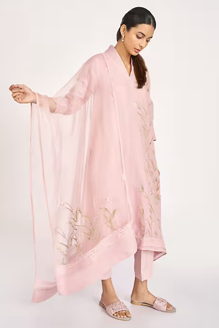 Pink Linen & Organza Floral Embroidered Tunic Set by Kaveri at Pernia's Pop Up Shop