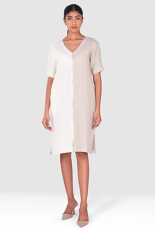 Off-White & Beige Linen Dress by Kaveri
