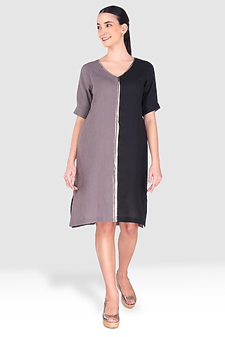 Black & Ash Grey Linen Dress by Kaveri