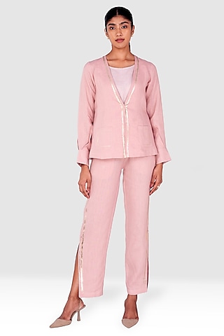 Shadow Rose-Colored & Blush Linen Blazer Set by Kaveri