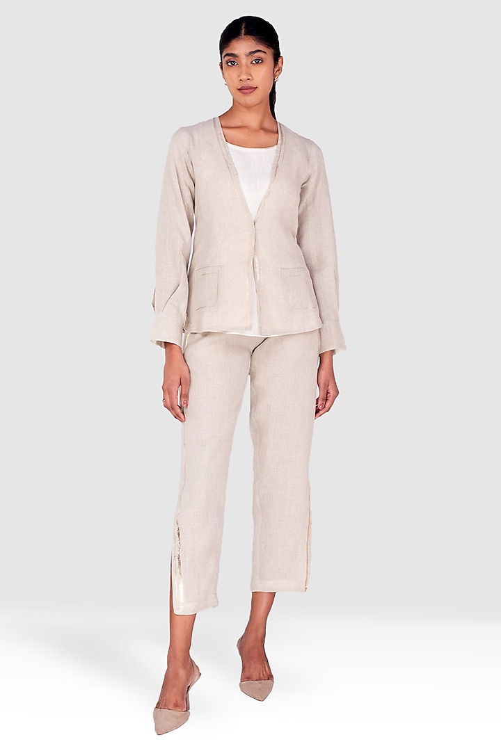 Off-White & Beige Linen Blazer Set by Kaveri at Pernia's Pop Up Shop