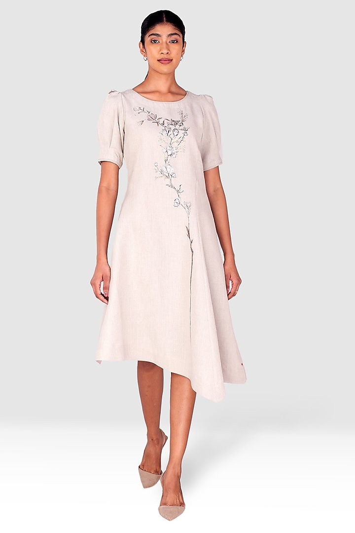 White & Beige Linen High-Low Asymmetric Dress by Kaveri at Pernia's Pop Up Shop