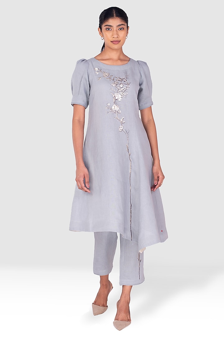 Blue Linen Asymmetric Kurta Set by Kaveri at Pernia's Pop Up Shop