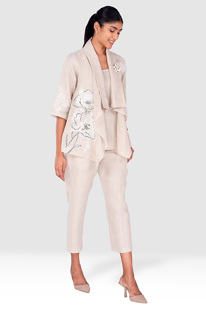 Beige Linen Floral Printed Jacket Set by Kaveri at Pernia's Pop Up Shop