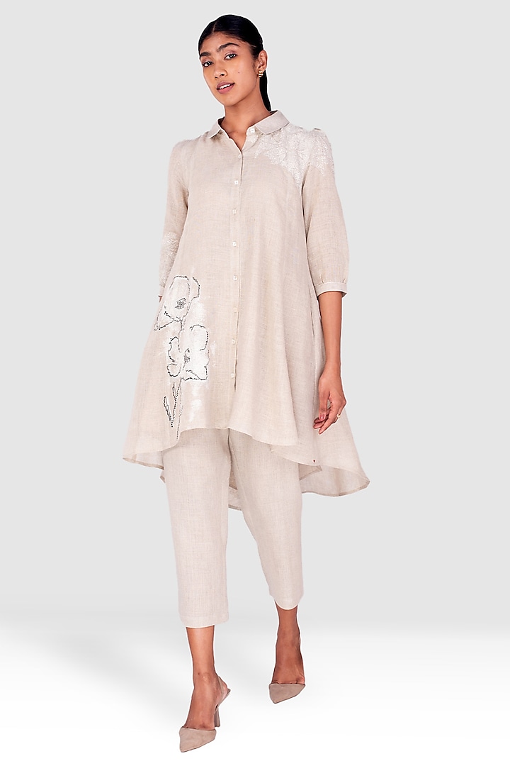 Beige Linen Floral Printed Co-Ord Set by Kaveri at Pernia's Pop Up Shop