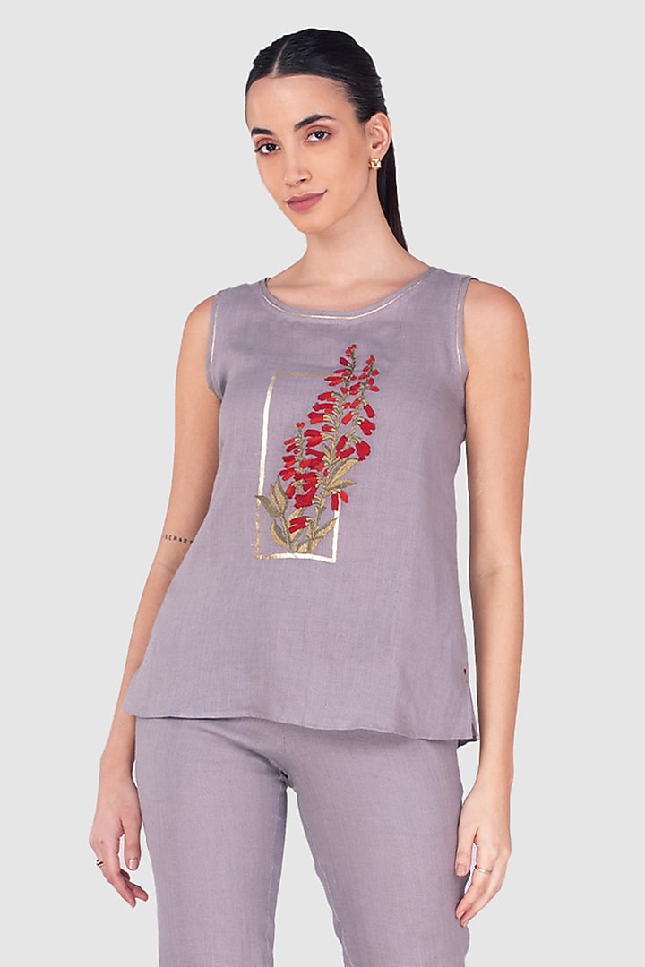 Fossil Grey Linen Thread Embroidered Co-Ord Set by Kaveri at