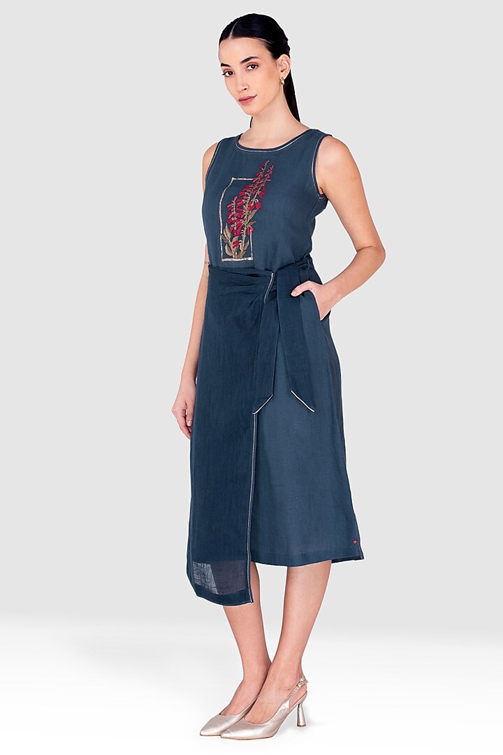 Amazon Blue Linen Thread Embossed Embroidered Flared Dress by Kaveri at Pernia's Pop Up Shop