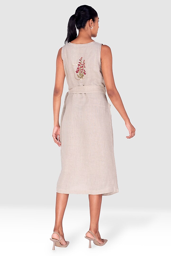 Natural Beige Linen Thread Embossed Embroidered Flared Summer Dress by Kaveri at Pernia's Pop Up Shop