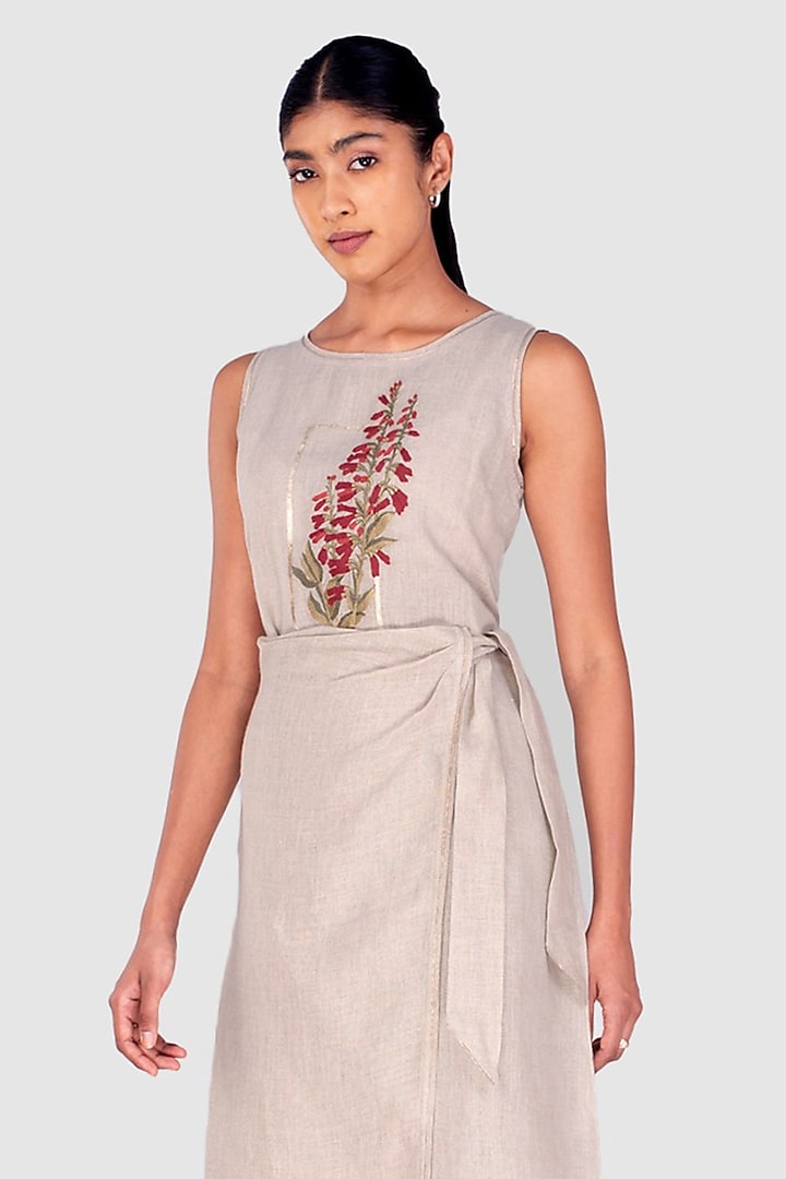 Natural Beige Linen Thread Embossed Embroidered Flared Summer Dress by Kaveri at Pernia's Pop Up Shop