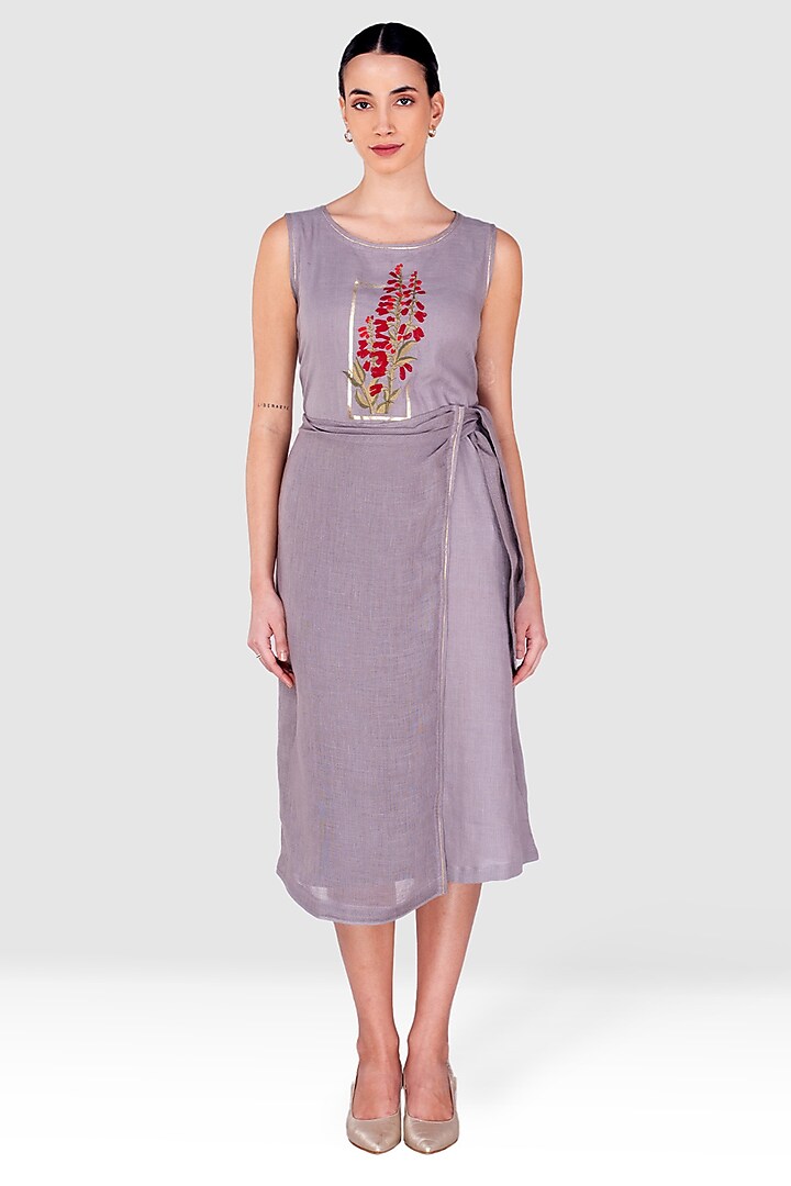 Fossil Grey Linen Thread Embossed Embroidered Flared Dress by Kaveri at Pernia's Pop Up Shop