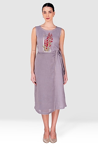Fossil Grey Linen Thread Embossed Embroidered Flared Dress by Kaveri